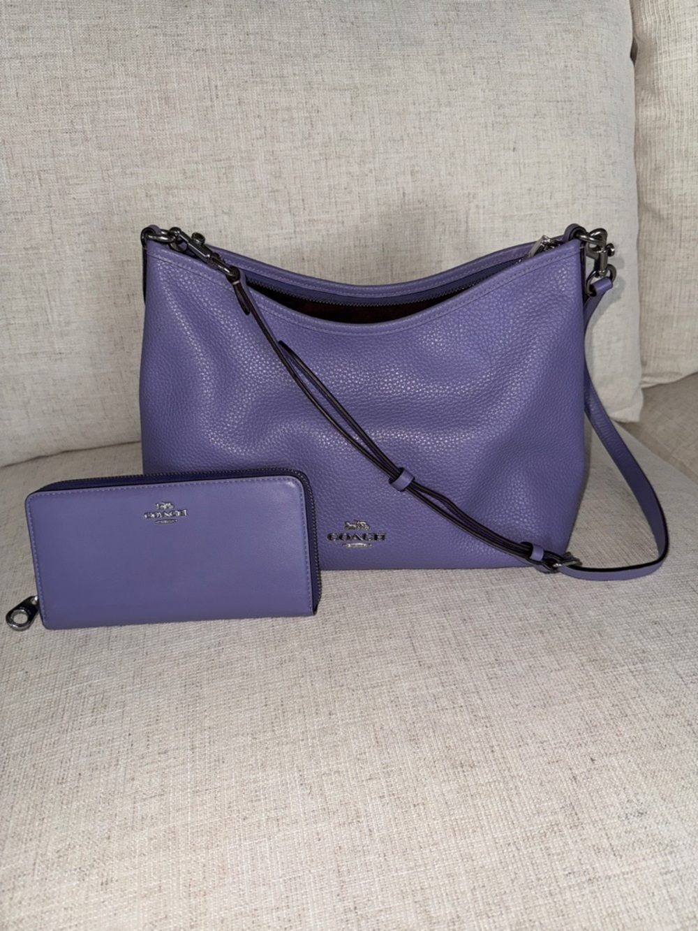 Coach Lavender Pebbled Leather Shoulder Bag with Zip Wallet